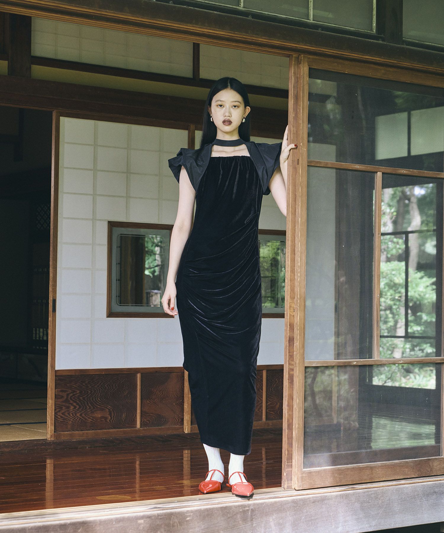 新作】ANDRESED drape velour dress グレー Sサイズ - パーティードレス