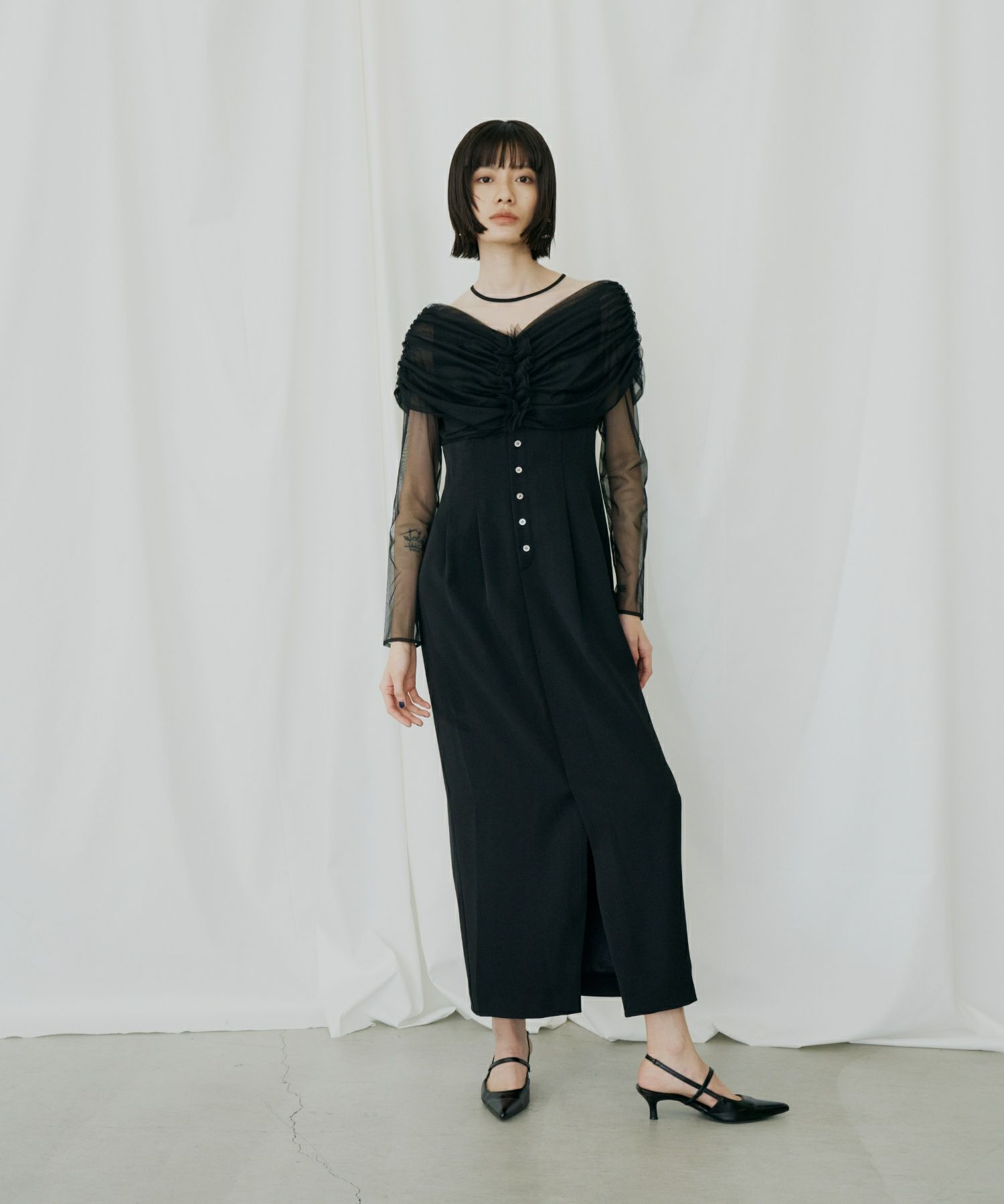 sheer gathered column dress | ANDRESD