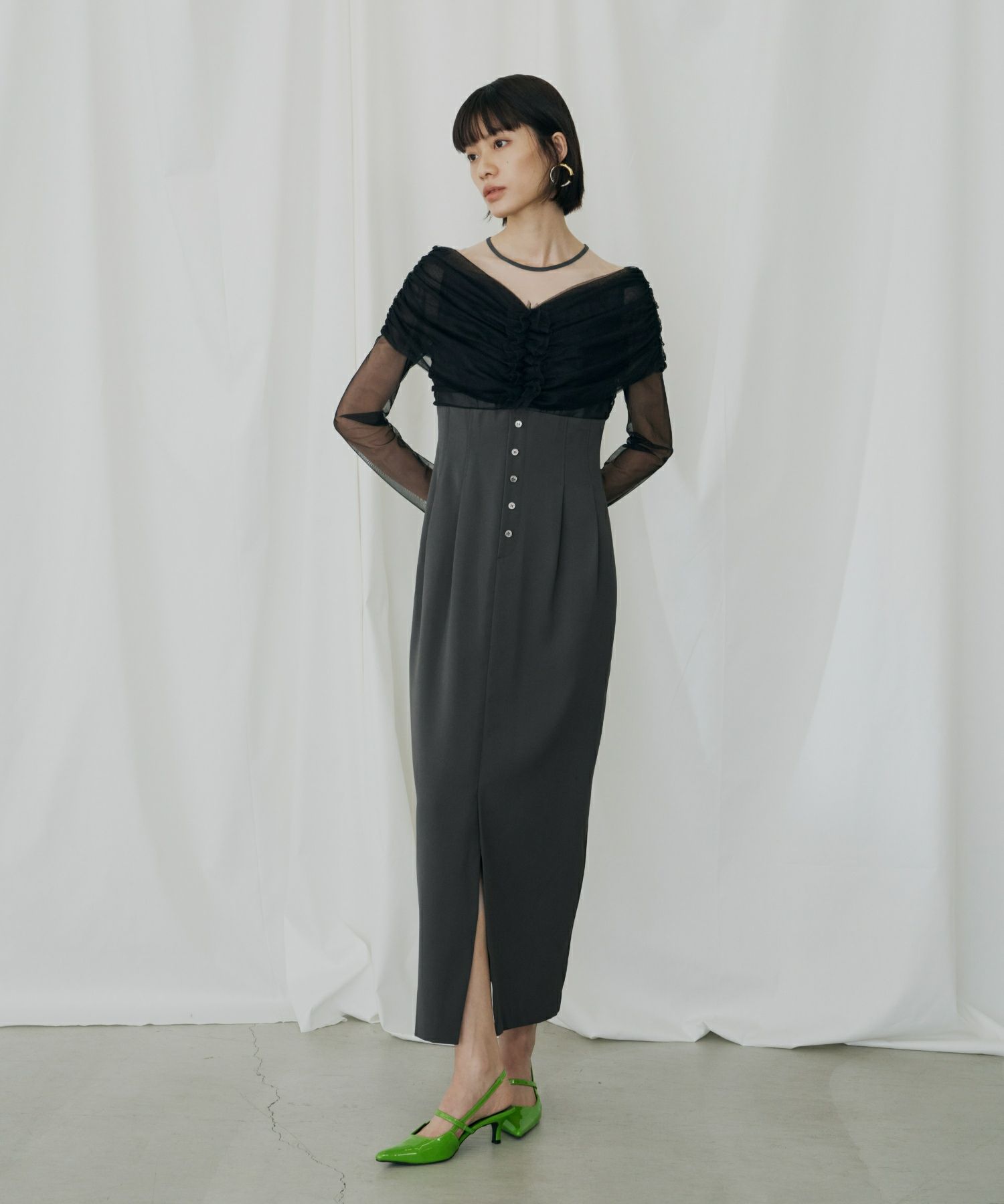sheer gathered column dress | ANDRESD